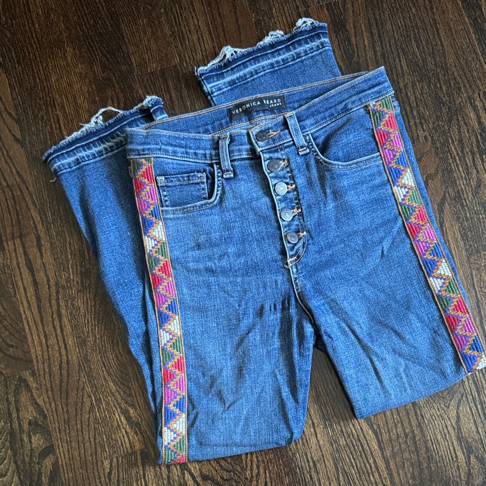 Veronica Beard Embroidered Button-Fly Jeans